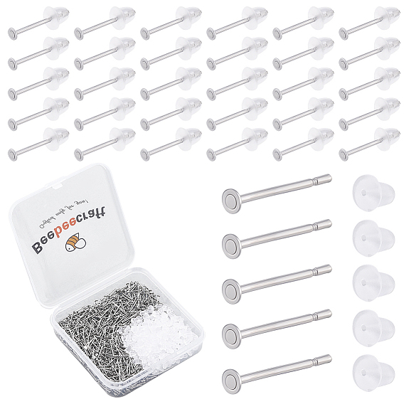 600Pcs 304 Stainless Steel Flat Round Blank Peg Stud Earring Settings, with 600Pcs Ear Nut