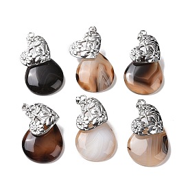 Natural Agate Pendants, Teardrop Charm, with Platinum Tone 304 Stainless Steel Heart Findings