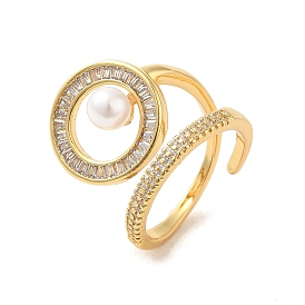Ring Brass Micro Pave Clear Cubic Zirconia with Resin Pearl Cuff Rings for Women
