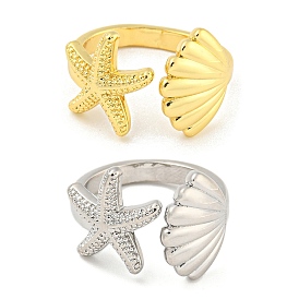 Starfish & Shell Rack Plating Brass Open Cuff Rings, for Women, Lead Free & Cadmium Free, Long-Lasting Plated