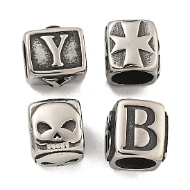 316 Surgical Stainless Steel with Rhinestone Large Hole Cube Beads, Antique Silver