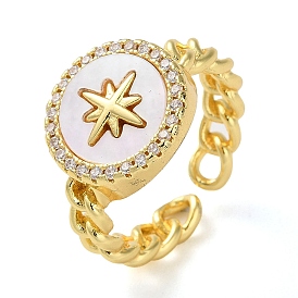 Rack Plating Brass Micro Pave Cubic Zirconia Open Cuff Rings, with Shell, Star