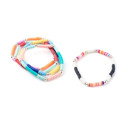 Bracelets extensibles perlés heishi en pâte polymère faits à la main, avec des perles en laiton, platine