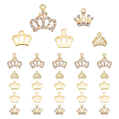 30Pcs 5 Style Alloy Rhinestone & Stainless Steel & Brass Charms, Crown