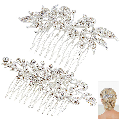 2Pcs 2 Style Wedding Bridal Alloy Hair Combs, with Rhinestones and Brass Finding, Hair Accessories for Women