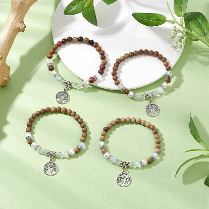 4шт. деревянные круглые бусины браслеты с подвесками для женщин, с бусинами из синтетического лунного камня и подвеской в виде дерева жизни в тибетском стиле