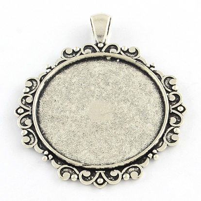 Tibetan Style Flat Round Alloy Big Pendant Cabochon Settings, Cadmium Free & Lead Free, Tray: 35mm, 56x47x2.5mm, Hole: 7X4mm, about 91pcs/1000g