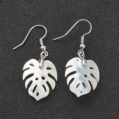 Natural Shell Dangle Earrings, with Platinum Plated Brass Earring Hooks, Tropical Leaf