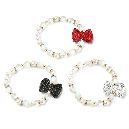 3Pcs 3 Color Synthetic Moonstone & Hematite & Plastic Pearl Beaded Stretch Bracelets Set, Rhinestone Bowknot Stackable Bracelets