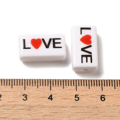 Spray Painted Opaque Acrylic Beads, Rectangle with Word Love