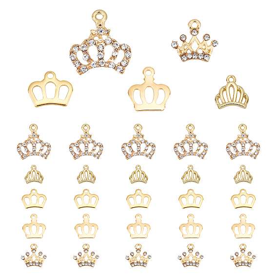 30Pcs 5 Style Alloy Rhinestone & Stainless Steel & Brass Charms, Crown