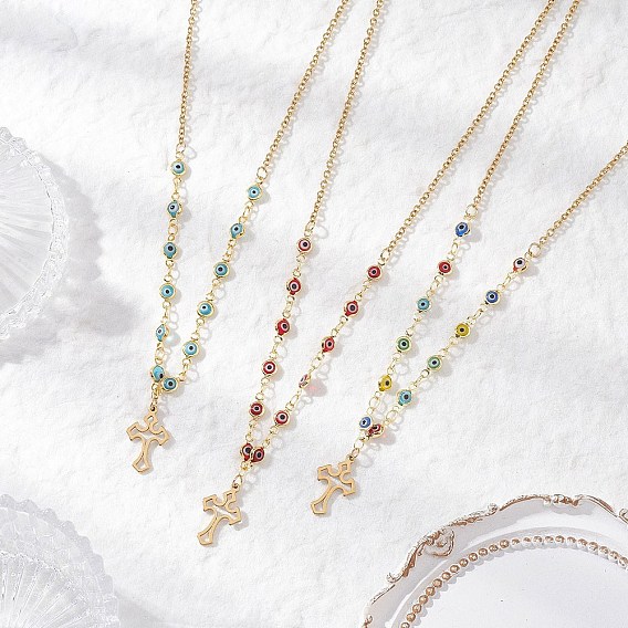 3 шт. 3 стили 304 подвеска-крест из нержавеющей стали, ручная работа, цепочка с латунными звеньями, от сглаза, для женщин, золотые