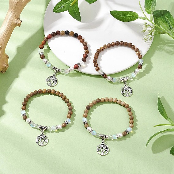 4шт. деревянные круглые бусины браслеты с подвесками для женщин, с бусинами из синтетического лунного камня и подвеской в виде дерева жизни в тибетском стиле