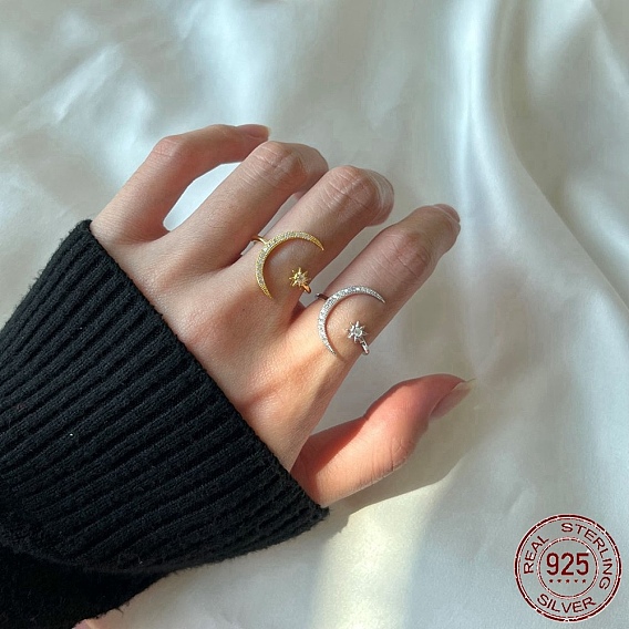 925 серебряные манжеты, с фианитами для женщин, кольцо с луной и звездой, настоящее золото 18k / платиновое покрытие