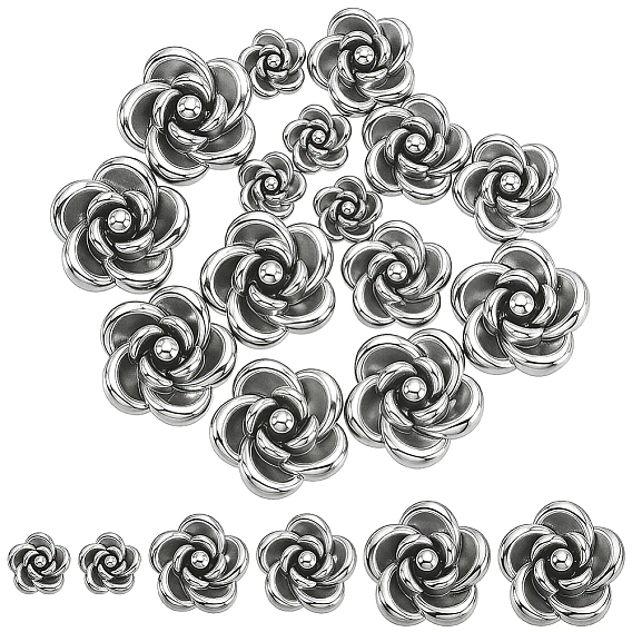 30Pcs 3 Styles 304 Stainless Steel Beads, Rose Flower