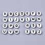 White Opaque Acrylic Beads, Horizontal Hole, Flat Round with Letter, Black