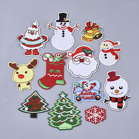 Christmas Theme, Computerized Embroidery Cloth Iron On/Sew On Patches, Appliques, Father Christmas & Bell & Milu Deer & Christmas Stocking & Snowman & Christmas Trees & Car & Snowflake