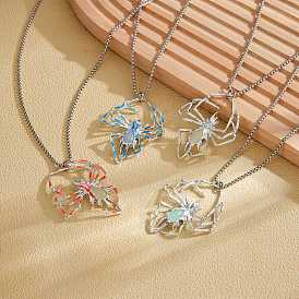 Alloy Enamel Luminous Halloween Spider Pendant Box Chain Necklaces for Women Men, Platinum