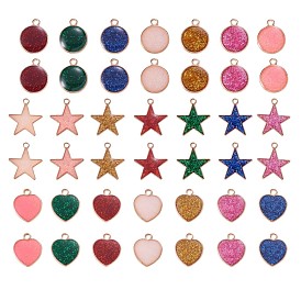42Pcs Alloy Enamel Pendants, with Glitter Powder, for Jewelry Necklace Bracelet Earring Making Crafts, Heart & Star & Flat Round