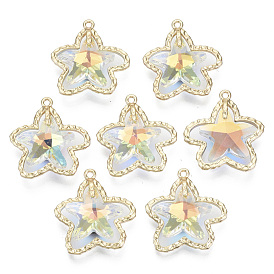 Glass Rhinestone Pendants, with Light Gold Plated Brass Open Back Settings, Starfish