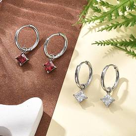 304 Stainless Steel Micro Pave Cubic Zirconia Hoop Earrings, Rhombus, Stainless Steel Color