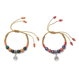 2шт. браслеты из сплава плоские круглые с подвесками в виде дерева жизни, синтетические и натуральные смешанные драгоценные камни и стеклянные бусины, плетеные браслеты