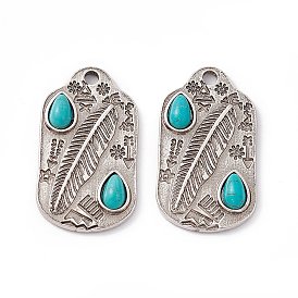 Synthetic Turquoise Teardrop Pendants, Rectangle Charms, with Rack Plating Alloy Findings