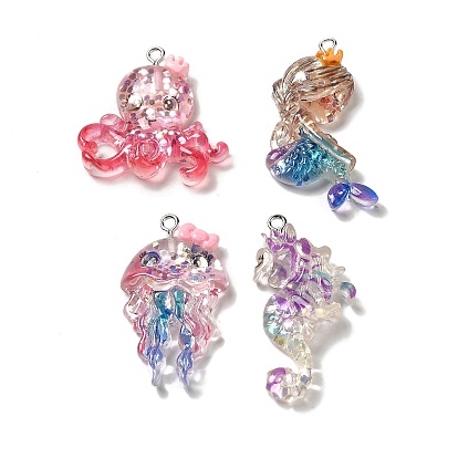 Ocean Theme Transparent Resin Pendants, Sea Animal Charms with Paillette and Platinum Tone Iron Loops
