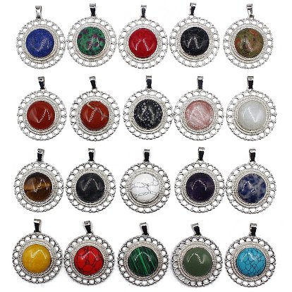 Natural Gemstone Pendants, Platinum Plated Alloy Flower Charms