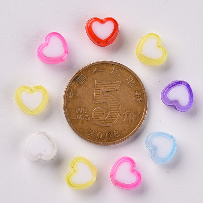 Transparent Heart Acrylic Beads, Bead in Bead, 7x8x4mm, Hole: 2mm, about 3000pcs/500g