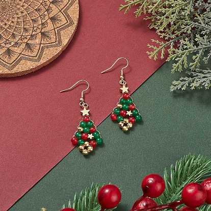 Christmas Tree Dyed Natural Malaysia Jade Dangle Earrings, Golden Copper Wire Wrapped Jewelry for Women