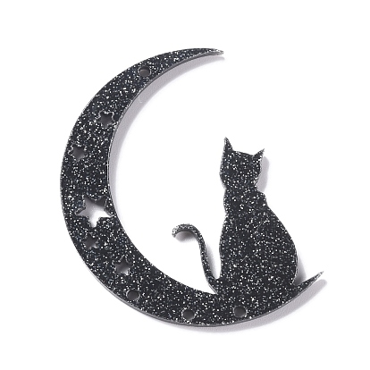 Halloween Acrylic Pendants, with Glitter Powder, Moon with Cat Charm