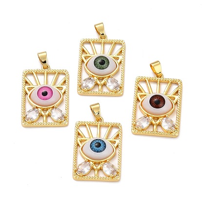 Brass Micro Pave Clear Cubic Zirconia Pendants, with Resin, Real 18K Gold Plated, Rectangle with Eye