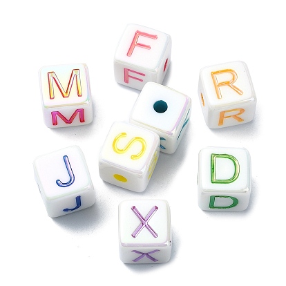 Opaque Acrylic Beads, AB Color, Cube with Letter A~Z