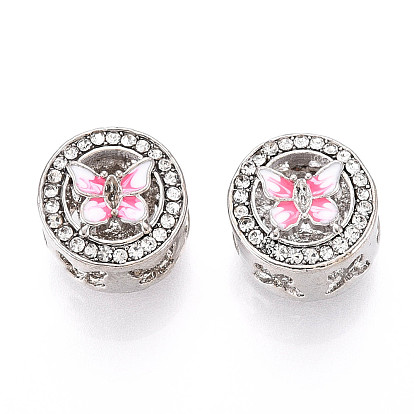 Европейские бусины, сплав, стразы , с эмалью, бусины с большим отверстием, плоские круглые с бабочкой