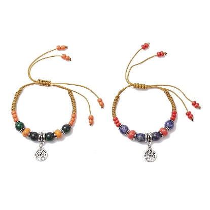 2шт. браслеты из сплава плоские круглые с подвесками в виде дерева жизни, синтетические и натуральные смешанные драгоценные камни и стеклянные бусины, плетеные браслеты
