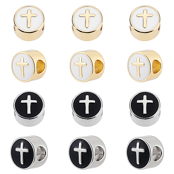 12шт 2 цвета латунные европейские бусины, с эмалью, бусины с большим отверстием, стойки покрытие, плоские круглые с крестом