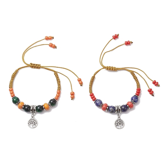 2шт. браслеты из сплава плоские круглые с подвесками в виде дерева жизни, синтетические и натуральные смешанные драгоценные камни и стеклянные бусины, плетеные браслеты