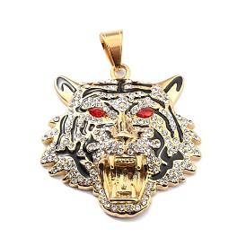 Ion Plating(IP) 304 Stainless Steel Big Pendants, with Clear & Red Cubic Zirconia and Black Enamel, Lion