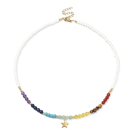 304 Stainless Steel Star Pendant Necklace, with Natural & Synthetic Mixed Gemstone & Glass Beaded Chains