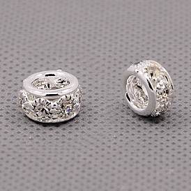 Brass Rhinestone European Beads, Large Hole Beads, Grade A, Rondelle, Silver Color Plated, 10x5~6mm, Hole: 5mm