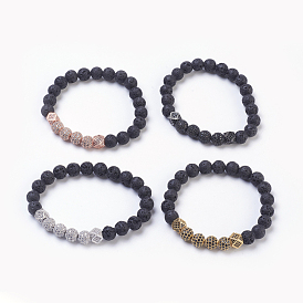 Natural Lava Rock Beads Stretch Bracelets, with Brass Cubic Zirconia Beads, Round and Polygon