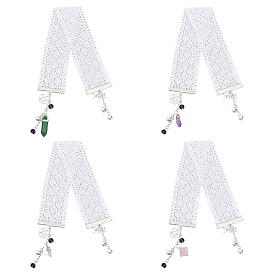 4 pcs 4 styles marque-pages plats en dentelle de coton, avec 304 chaînes torsadées en acier inoxydable, pendentifs en alliage de style tibétain et perles de pierres précieuses