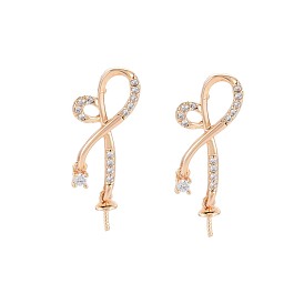Brass Micro Pave Clear Cubic Zirconia Stud Earring Findings, for Half Drilled Beads, Nickel Free, Knot
