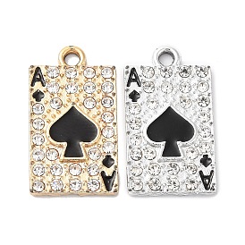 Rack Plating Alloy Crystal Rhinestone Pendants, with Black Enamel, Playing Cards Charms