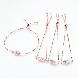 Adjustable Brass Micro Pave Cubic Zirconia Bolo Bracelets, Slider Bracelets, with Synthetic Opal, Leaf