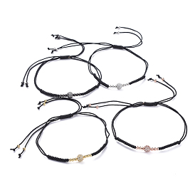 Adjustable Nylon Cord Braided Bead Bracelets, with Round Brass Micro Pave Clear Cubic Zirconia Beads and Brass Beads