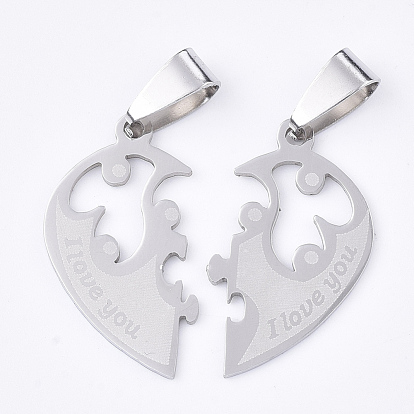 201 Stainless Steel Split Pendants, for Lovers, Heart with Heart, with Lovers & Word I Love You, For Valentine's Day