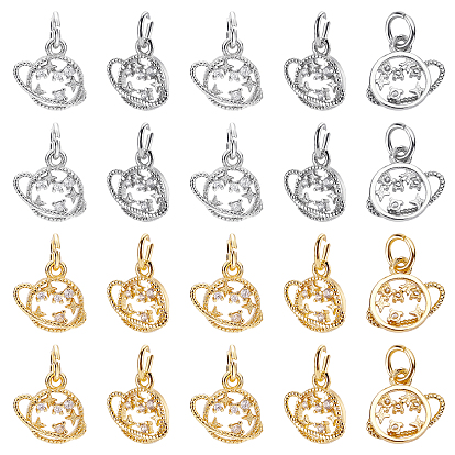 ARRICRAFT 20Pcs 2 Colors Brass Micro Pave Clear Cubic Zirconia Pendants, with Jump Ring, Planet with Star