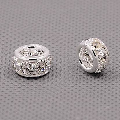 Латунные горный хрусталь Европейский бисером, бусины с большим отверстием, класс А, рондель, серебряный цвет гальваническим, 10x5~6 мм, отверстие : 5 мм